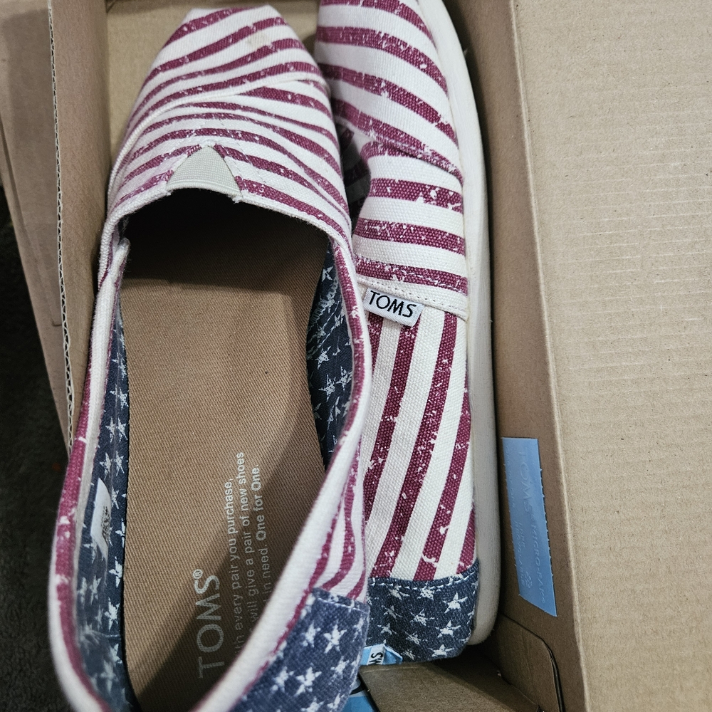 TOMS Red and Blue Striped Slip-On Shoes